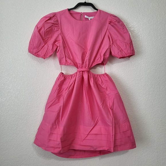 Women's English Factory Puff Sleeves Pleats with Cut Out Mini Pink Dress Sz SM - Picture 4 of 9